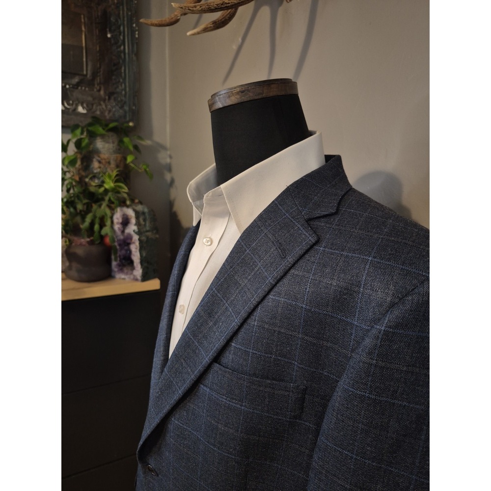 Hart Schaffner Marx Mens 44R Two Button Wool Sports Coat Blue Check USA